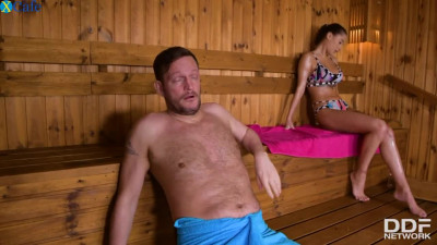 Sexy svelte babe with tight big boobs loves riding cock in the sauna