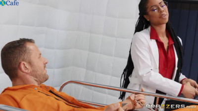 Horny and hot black doctor flashes her tits before patient fucks her mish