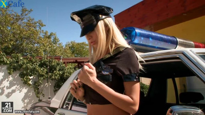 Eye catching blond police bitch Clara G performs hot solo outdoors