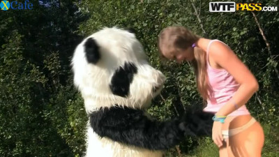 Pigtailed teen Penny is drilled well by a fake panda guy