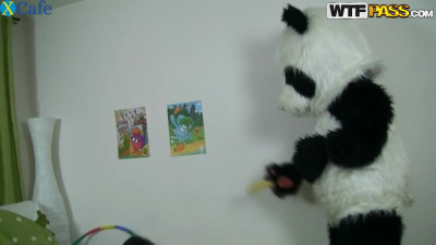 Pigtailed blonde princess Albina plays with hot guy wearing panda costume