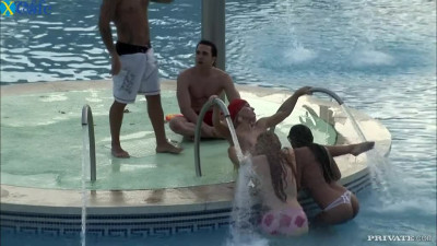 Sexy well graced sweeties enjoy amazing orgy with their studs in pool