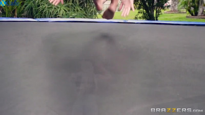 Horny nude couple has fun fucking quite wild on the trampoline