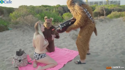 Cosplay fun ends up with wild threesome outdoors right on the sand