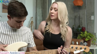 Boy tunes the guitar and hot step mom wants him to play with her pussy