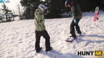 Dashing lady rides in snowy mountains and fucks with a stranger in front of her cuckold husband.