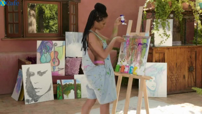 Playful artist covered with paint Kira Noir is ready for fingering herself