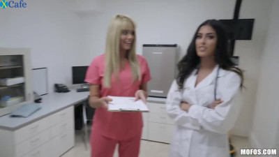 Horny nurses Athena Palomino and Sophia Leone check out dude's cock