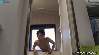 Awesome busty Japanese wife lets her husband finger her bushy pussy in bath tub