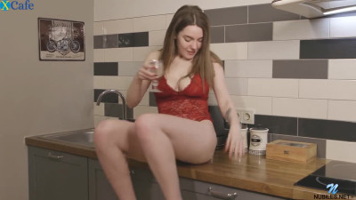 Alone charming busty gal Kiere gonna masturbate right in the kitchen