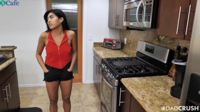 Asian hottie Ember Snow flashes ass when she fucks doggy in the kitchen