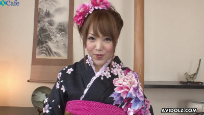 Shy looking in kimono but acting slutty Jap nympho Misaki Akino fucks doggy mad