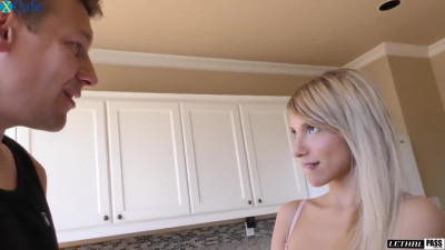 Housewifely blonde girlfriend Hime Marie gives BJ in the kitchen