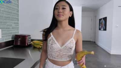 Ardent Asian beauty Jasmine Grey enjoys sensual sex in the kitchen