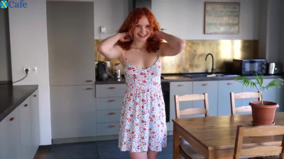 Redhead with amazing naturals suck cock and filled with sperm in the kitchen