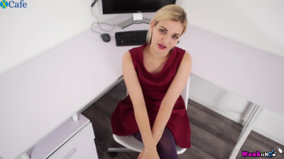 Blond haired office slut with saggy titties Dolly wanks a fake cock