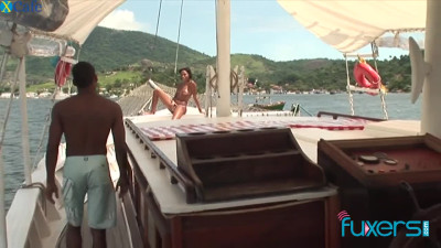 Real black GF with natural small tits rides strong BBC on the yacht