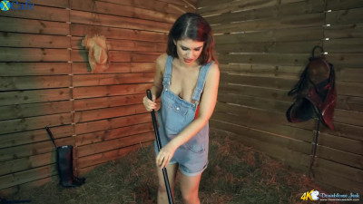 Explicit looking babe in denim overalls Katie Louise and her nice boobs