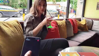 Playing with vibrator in my step-sis's pussy in public Cafe