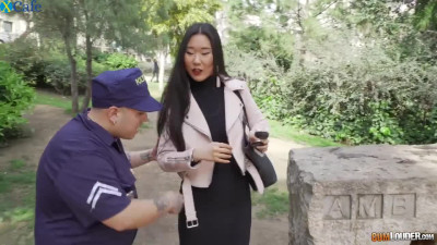 Dressed like a police officer dude finds two foreign girls to have sex with