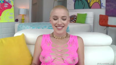 Short haired blonde babe on the couch eats big white dick for anal sex