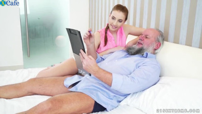 Wicked pale skin redhead chick feels horny for big bearded old man on the bed