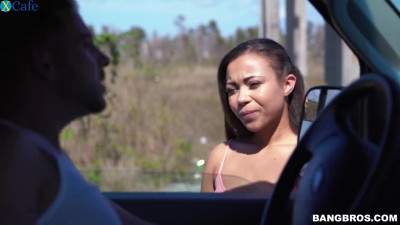 Sweet young dark skin girl jumps in the bangbus and fucks on the highway