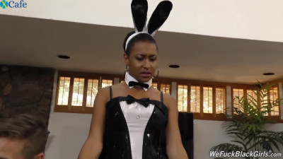 Lovely black woman in bunny costume gets gangbanged by white men