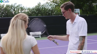 Whorish big breasted tennis player sucks man before being fucked on court